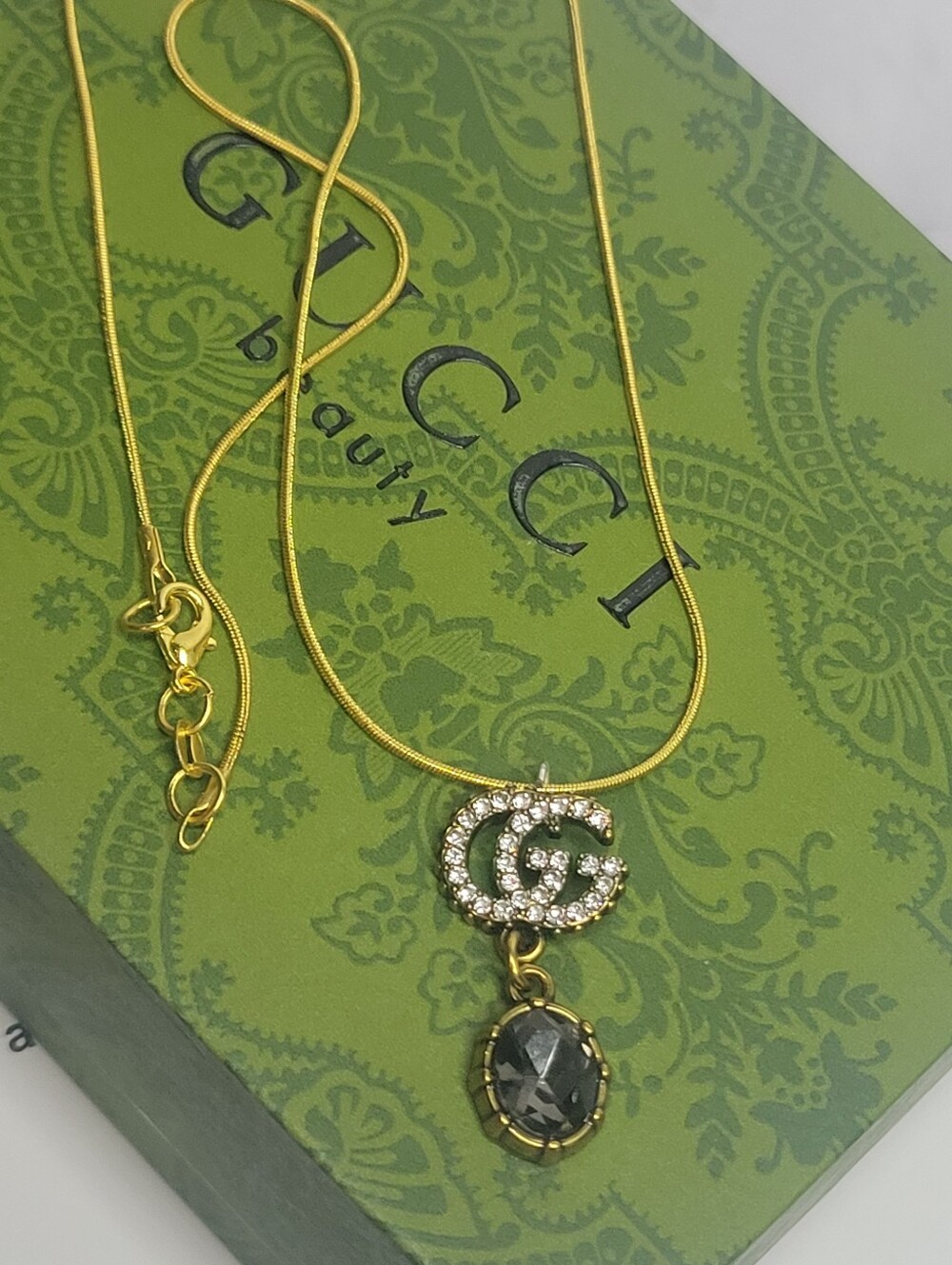 Crystal GG Smokey Topaz Gucci Zip Pull, 18" Gold Plated Snake Chain, Necklace
